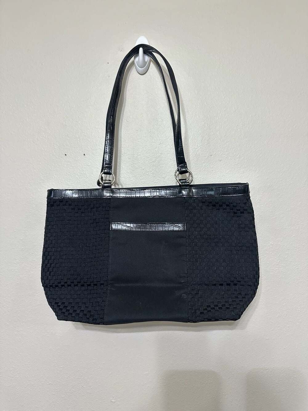 Coldwater Creek Black Woven Fabric and Croc-Embossed Trim Tote Bag